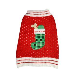 Good Dog Sweater Holiday Christmas Stocking Bone Hearts Warm Knit Puppy M 14"